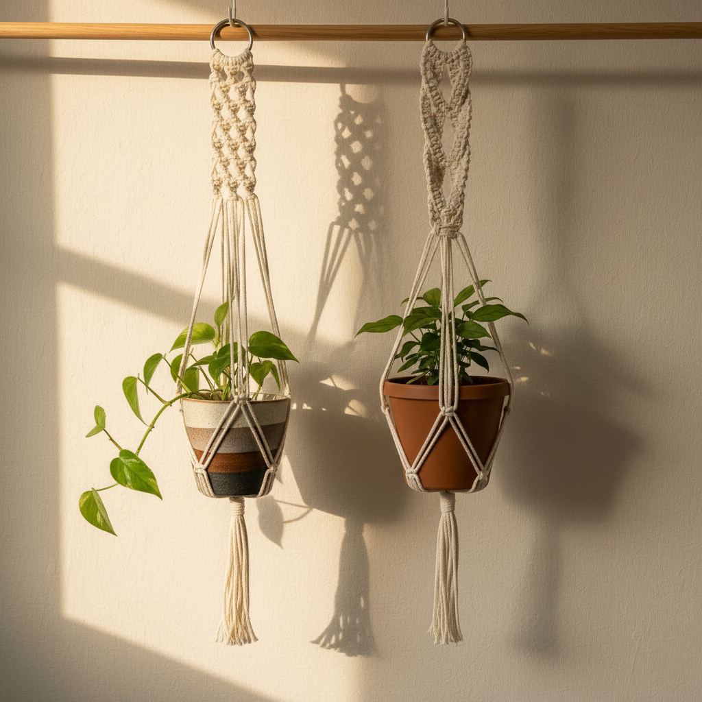 Dos portamacetas de macramé — resultado del Taller Liana